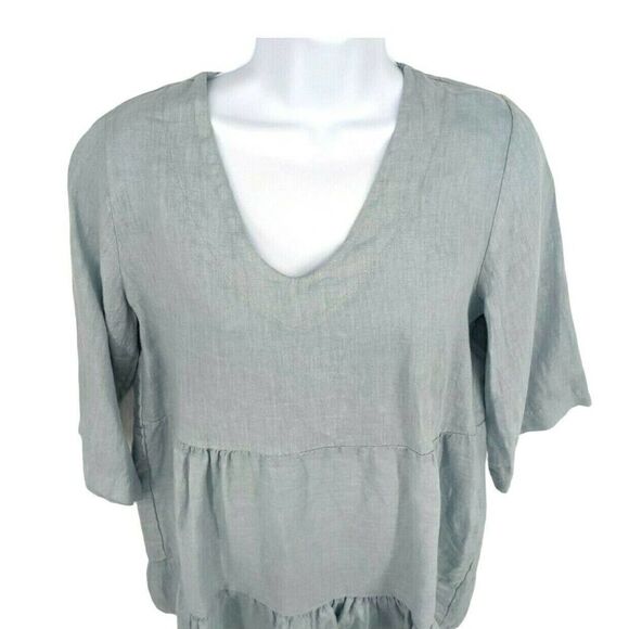 Laura Bianchi Italy Light Blue Linen Top Shirt Ruffle Blouse V-neck New - Picture 3 of 11